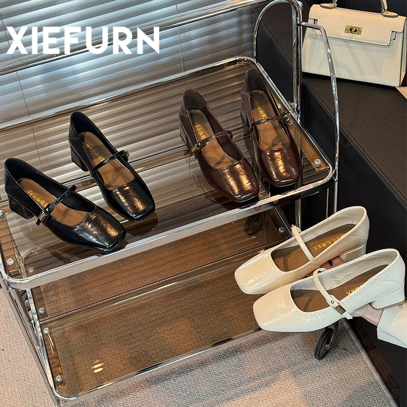 XIEFURN/鞋夫人法式方头玛丽珍女2025春夏新款百搭中跟一字带单鞋