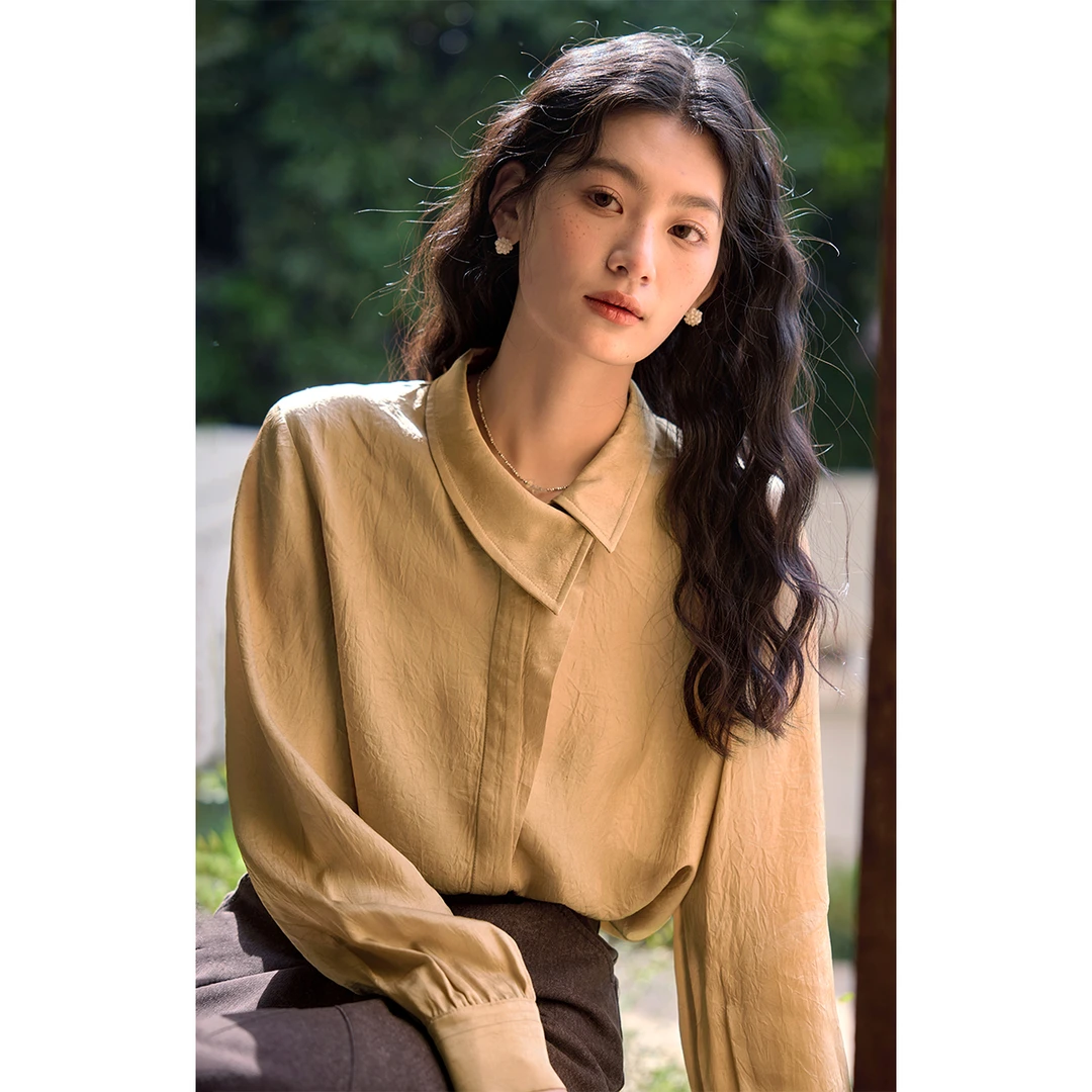 solighter 法式复古醋酸斜领长袖衬衫女春季5I0308C08X1