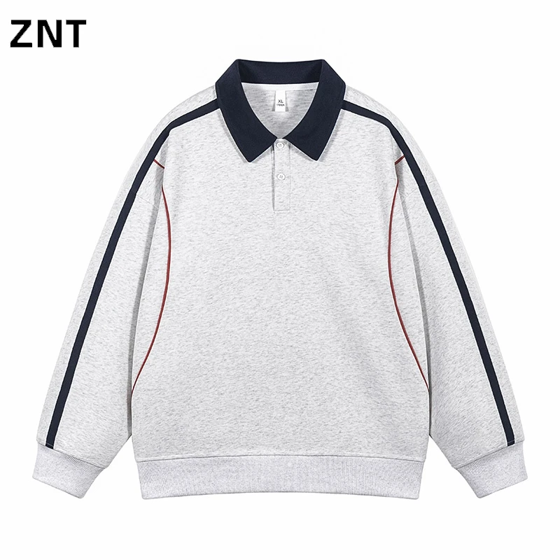 ZNT秋季翻领上衣撞色套头美式拼接条纹卫衣休闲宽松百搭拼接卫衣