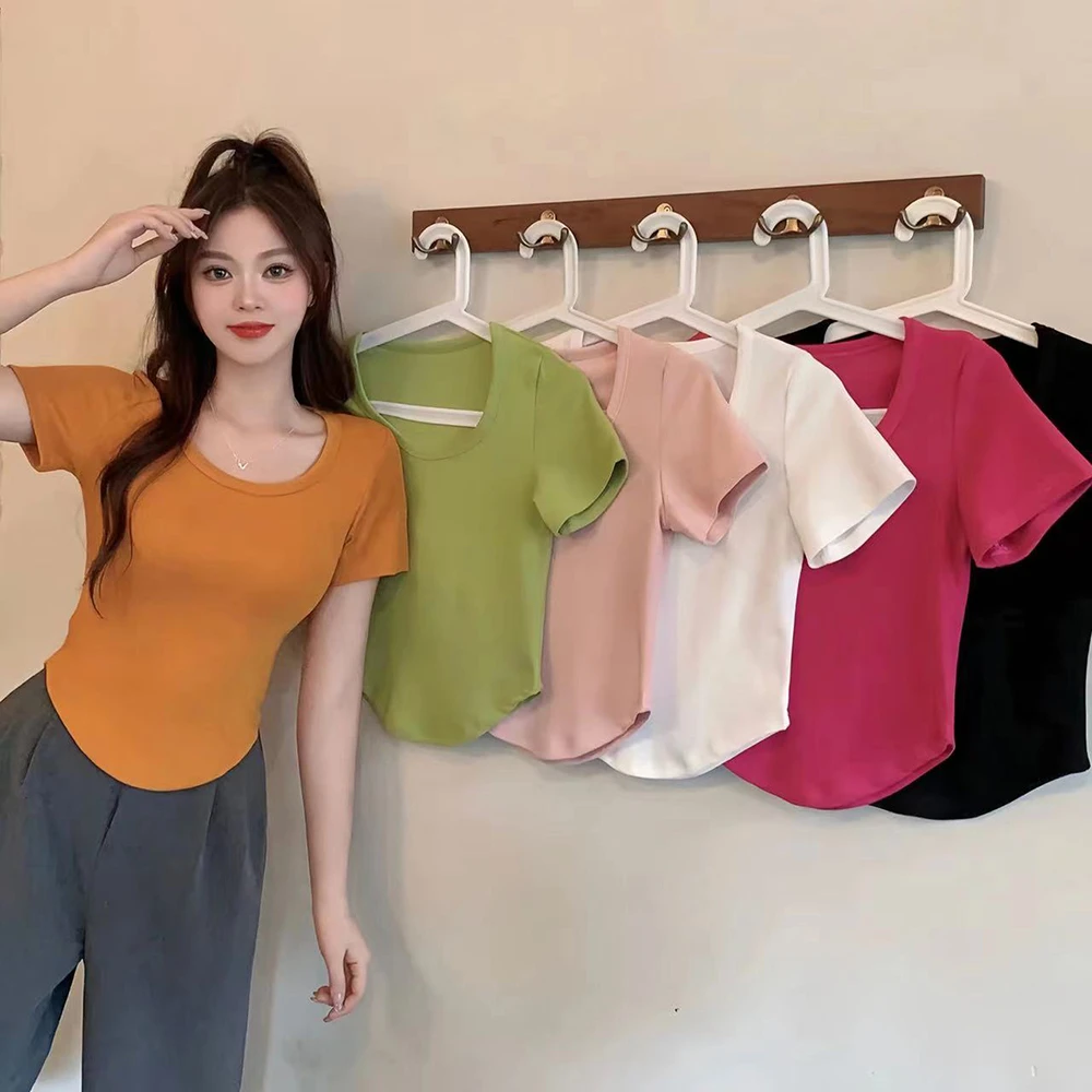 大码女装夏装新款简约短袖夏季糖果色U领T恤1976