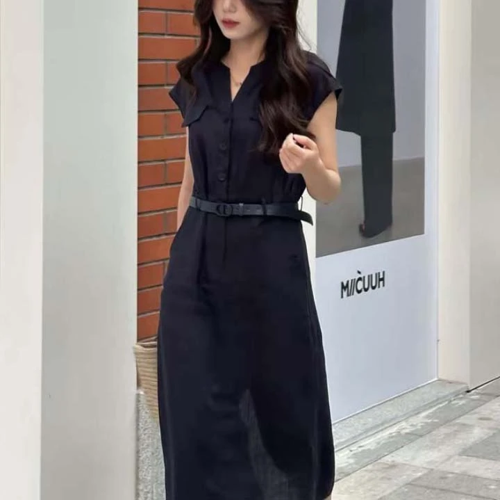 （小琴服饰女装)夏季V领连衣裙法式裙子气质高腰时尚显瘦轻奢2556