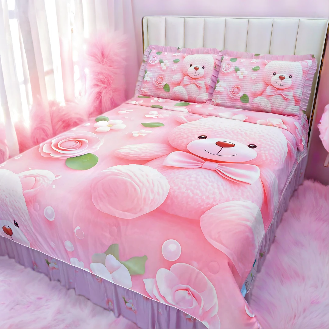 6D立体印花夏被四件套冰丝凉感卡通夏凉被空调被床裙款凉席三件套