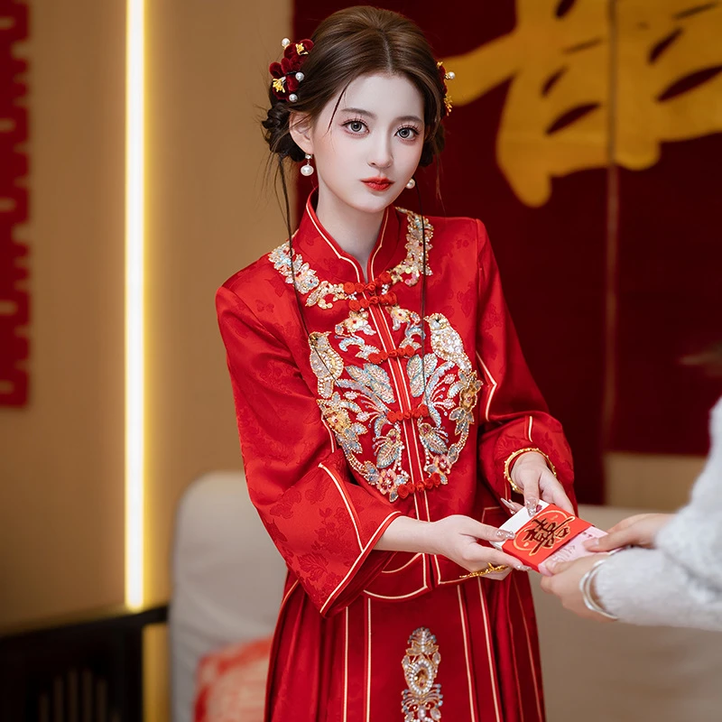 敬酒服订婚服显瘦结婚回门红色秀禾服新中式新娘礼服微胖秋冬款