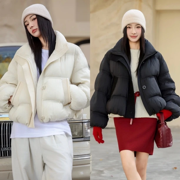 DMG 韩系针织拼接立领90白鸭绒羽绒服女2025冬款显瘦减龄保暖Y86