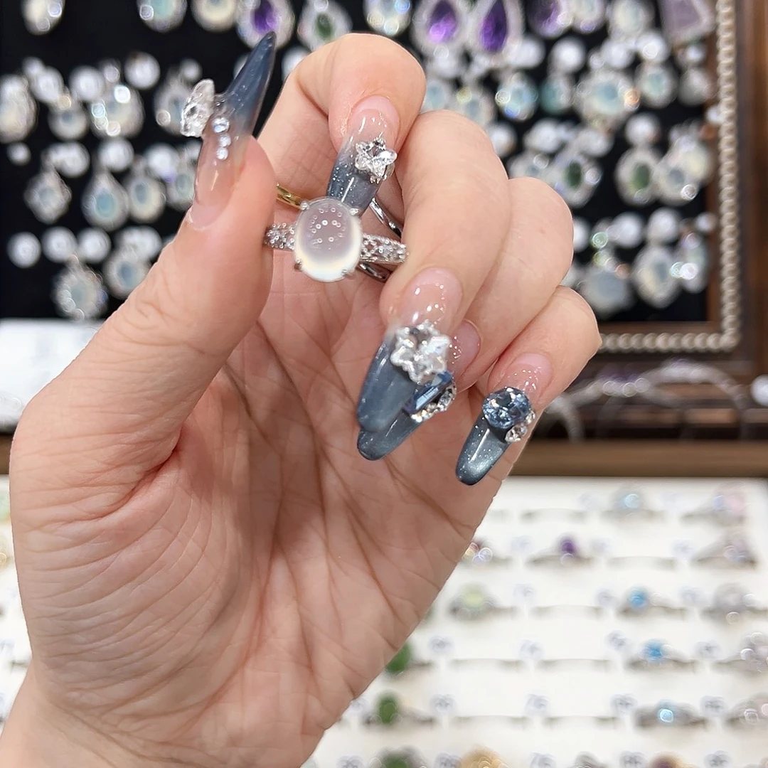 蛇纹石玉银S925镀金镶嵌戒指