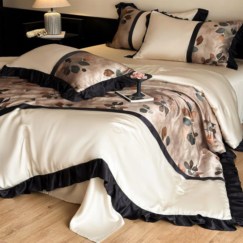 法式夏季空调被凉感裸睡薄被子可机洗水洗复古风冰丝夏凉被四件套