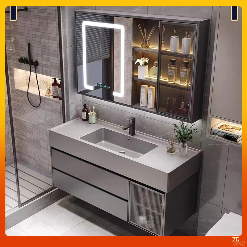 轻奢浴室柜现代简约卫生间洗漱台镜岩石一体洗手洗脸盆组合套装