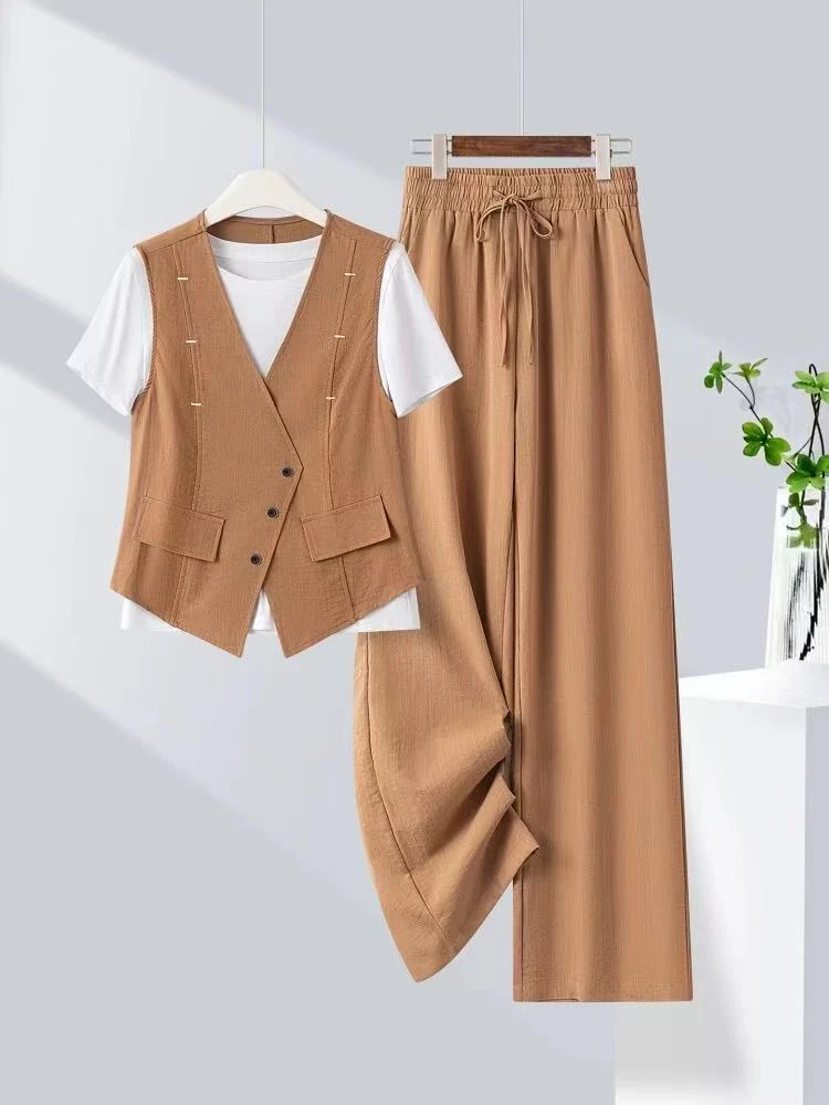 5915#2025新款时尚短袖T恤马甲休闲裤三件套套装