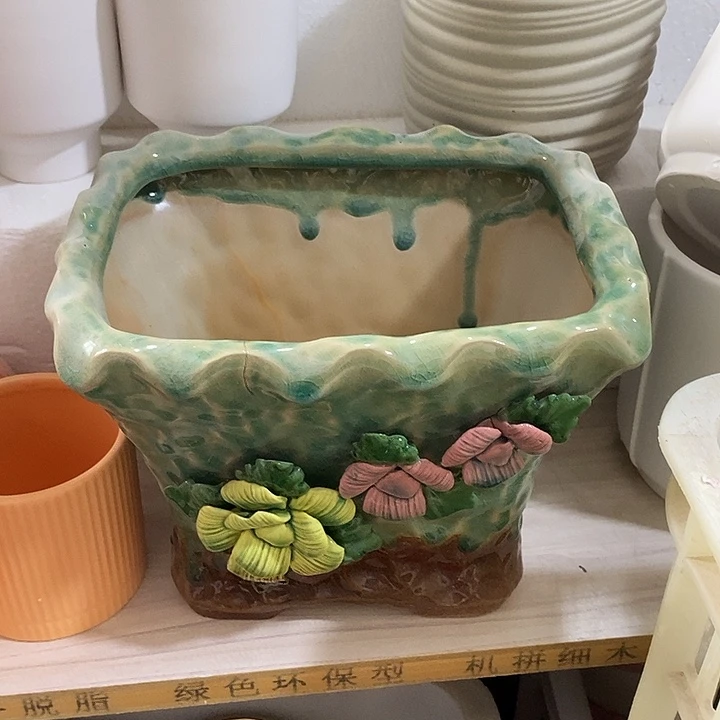 陶摆件陶盆有孔 窑裂修补 介意勿拍