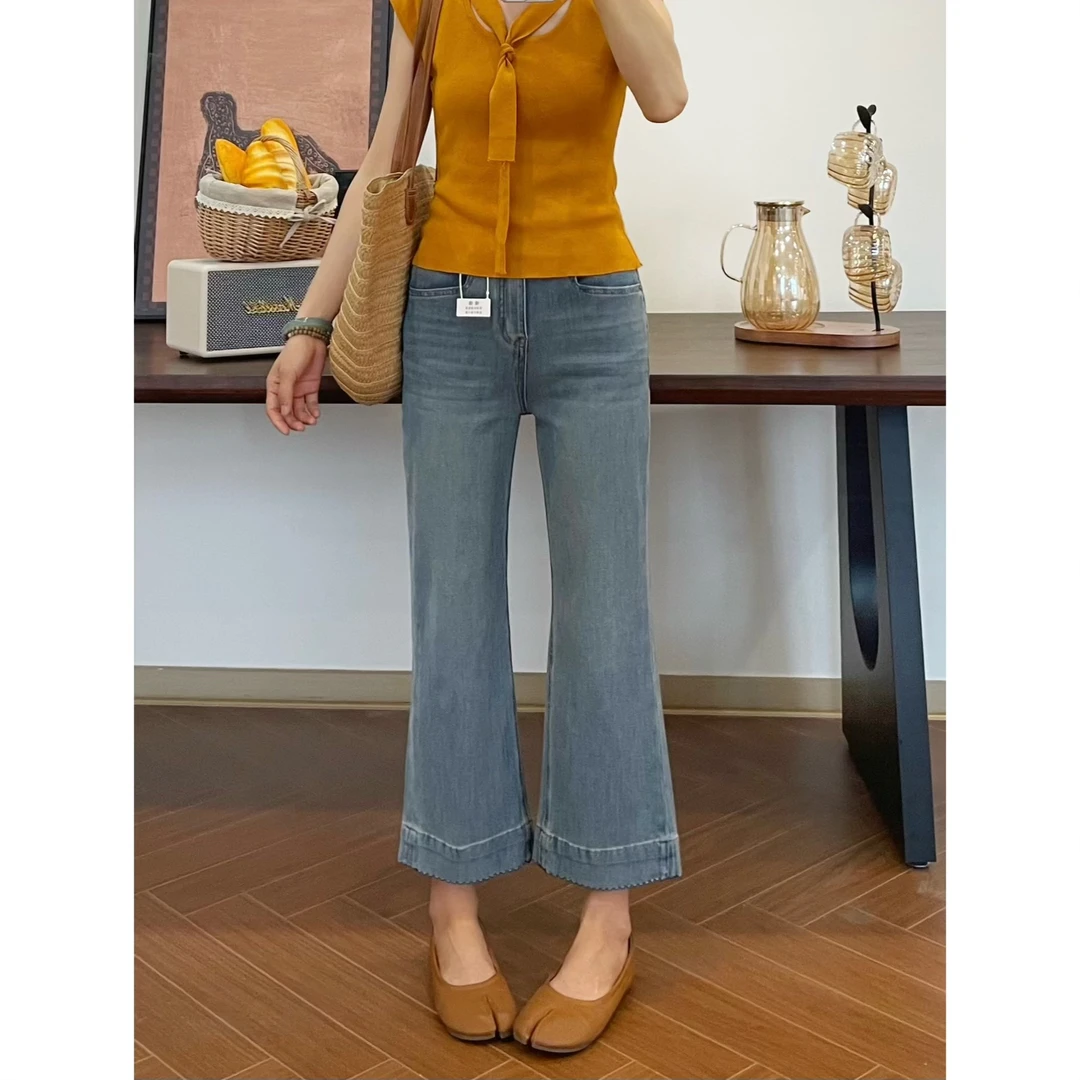 梨形身材浅蓝色四面弹微喇牛仔裤女夏季薄款2025新款显瘦直筒裤子