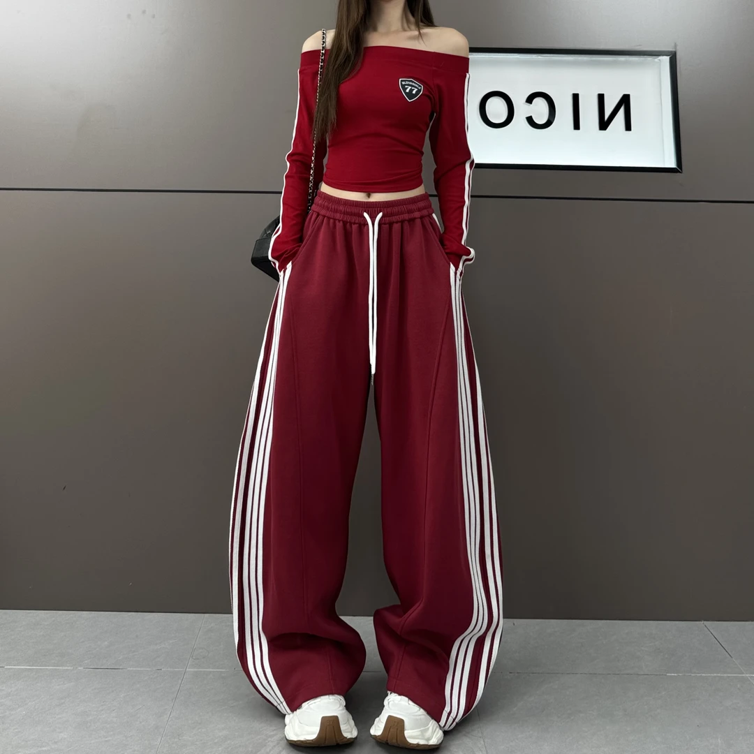 逗逗2025年秋季新款重工拼条显瘦宽松时尚休闲裤7897