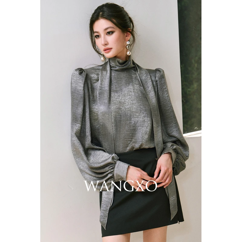 WANGXO 流光绸法式飘带灯笼袖轻奢衬衫250720W