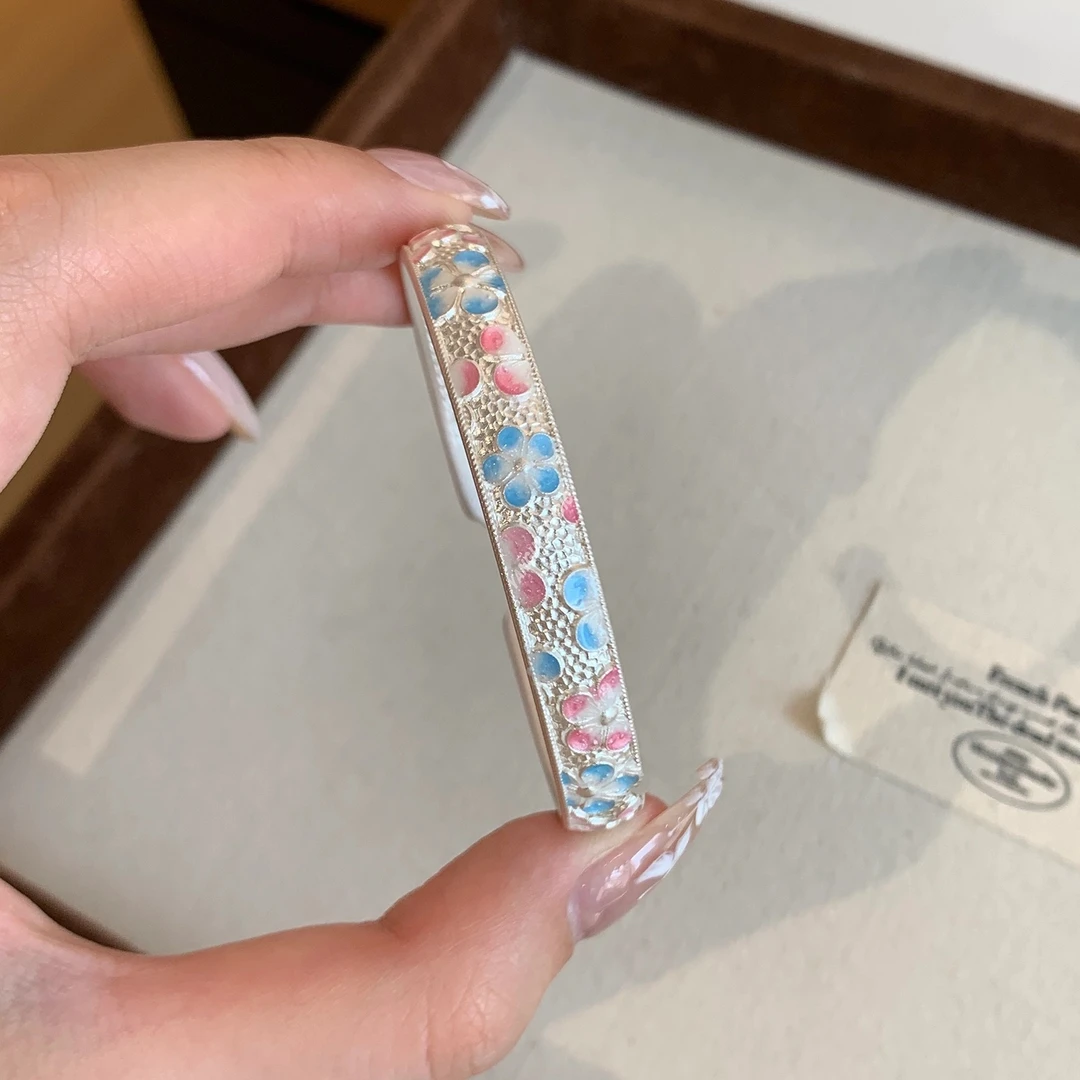 足银珐琅手镯 足银999.9珐琅彩粉蓝梅花如意对口手镯国风古法女款