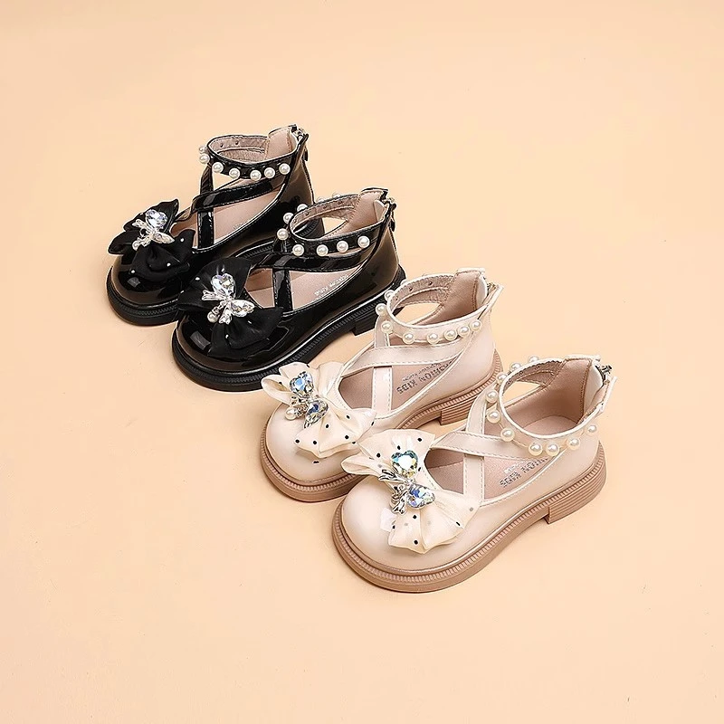 ABC女童小皮鞋女宝宝水钻蝴蝶结公主鞋2025春季新款儿童镂空单鞋