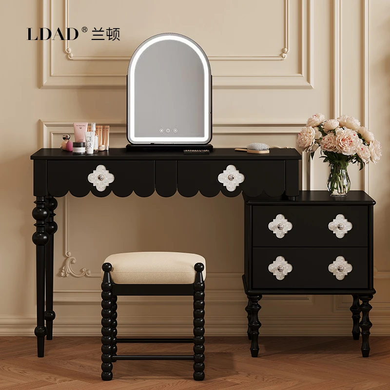 LDAD法式复古黑色梳妆台斗柜一体卧室小户型简约现代伸缩化妆桌子