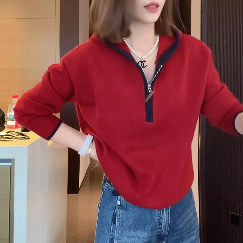 【亲密爱人】宽松休闲纯色半拉链连帽毛衣女2025秋季新款显瘦针织衫