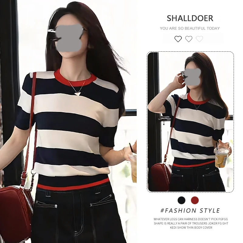2025夏季新款休闲条纹撞色圆领短袖针织衫女韩版宽松显瘦百搭女装