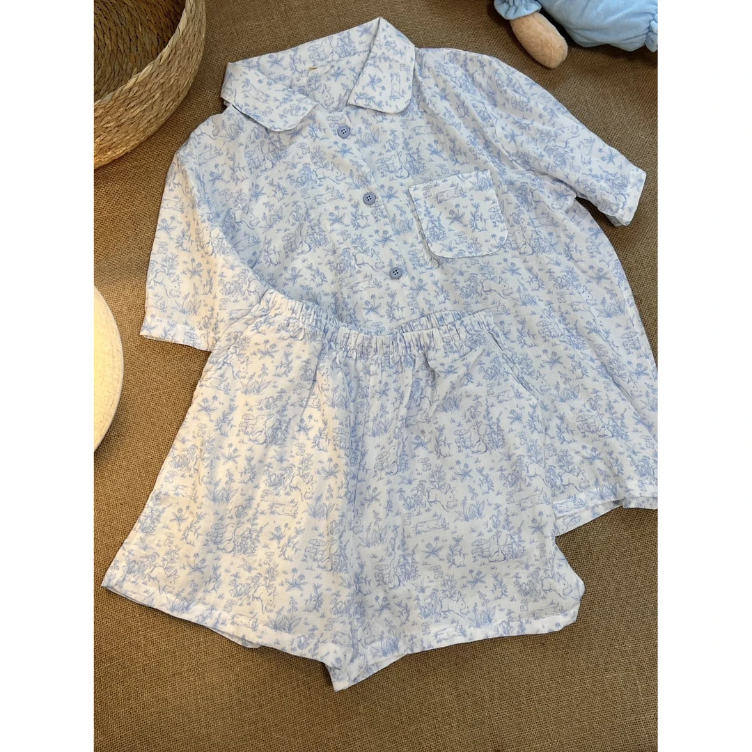 奶蓝韩式小碎花夏季短袖短裤全棉双层纱女士睡衣家居服