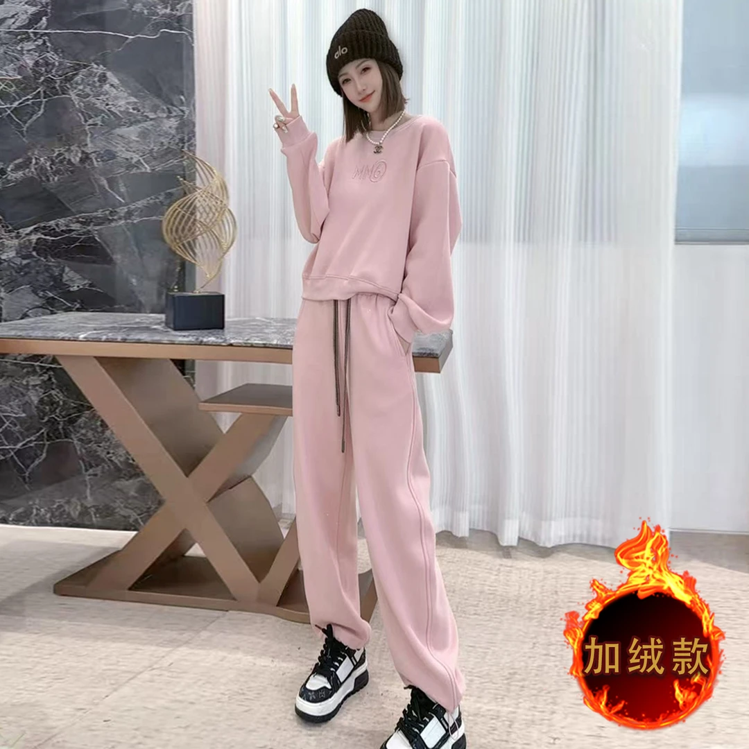 网红时尚休闲套装女秋冬新款洋气减龄圆领长袖卫衣阔腿长裤两件套