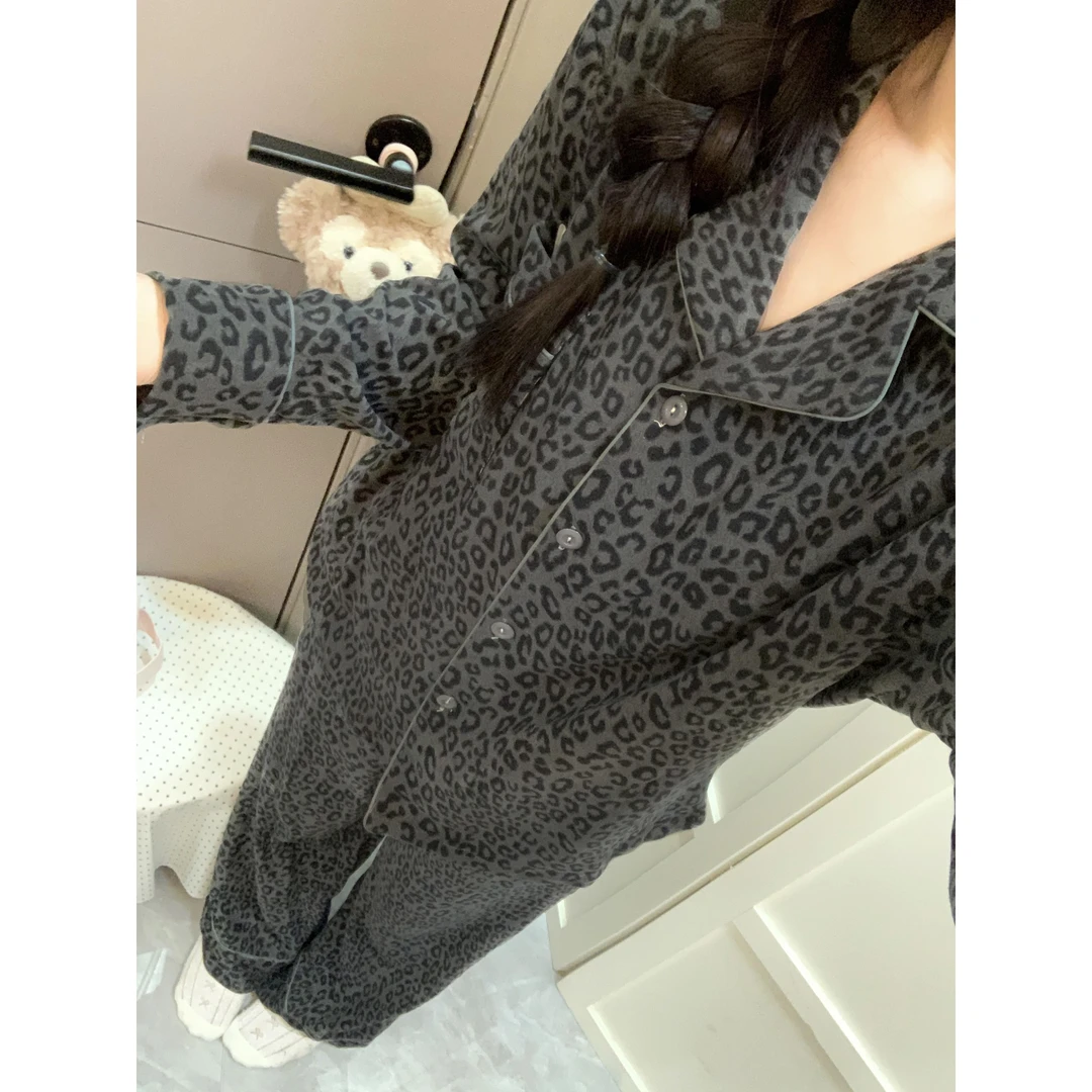 SUAM RUO韩系豹纹睡衣女秋冬季网红宽松长袖长裤德绒家居服两件套