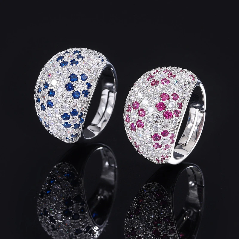 合金锆石戒指 时尚个性镶嵌满钻彩宝仿真彩宝豪华开口女戒几何型