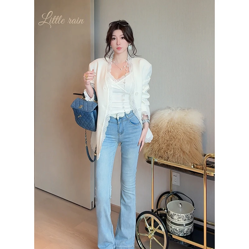 小雨姐姐秋款【蕾丝牛仔裤】时尚设计感蕾丝花边拼接高腰牛仔裤新款