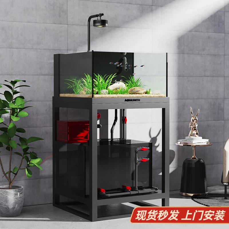 老渔匠80cm方缸工业风底滤鱼缸客厅一体免换水家用超白玻璃金鱼缸