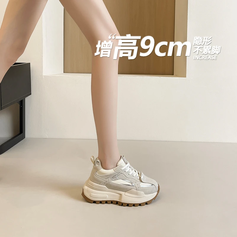 银灰色老爹鞋厚底内增高阿甘鞋2025新款真皮复古小个子休闲运动鞋