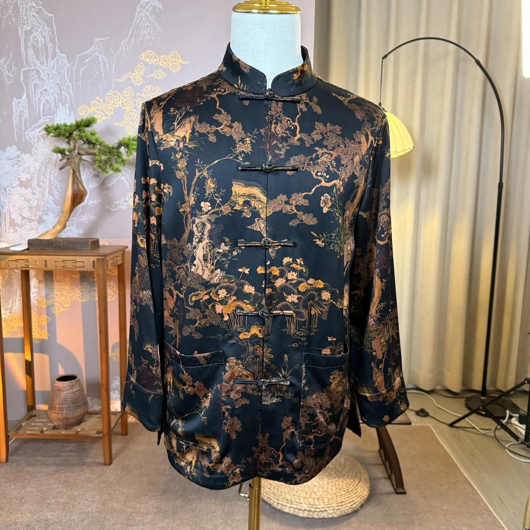 馨蕴古玥 香云纱重锻五福临门上衣 新中式男士外套中国风长袖