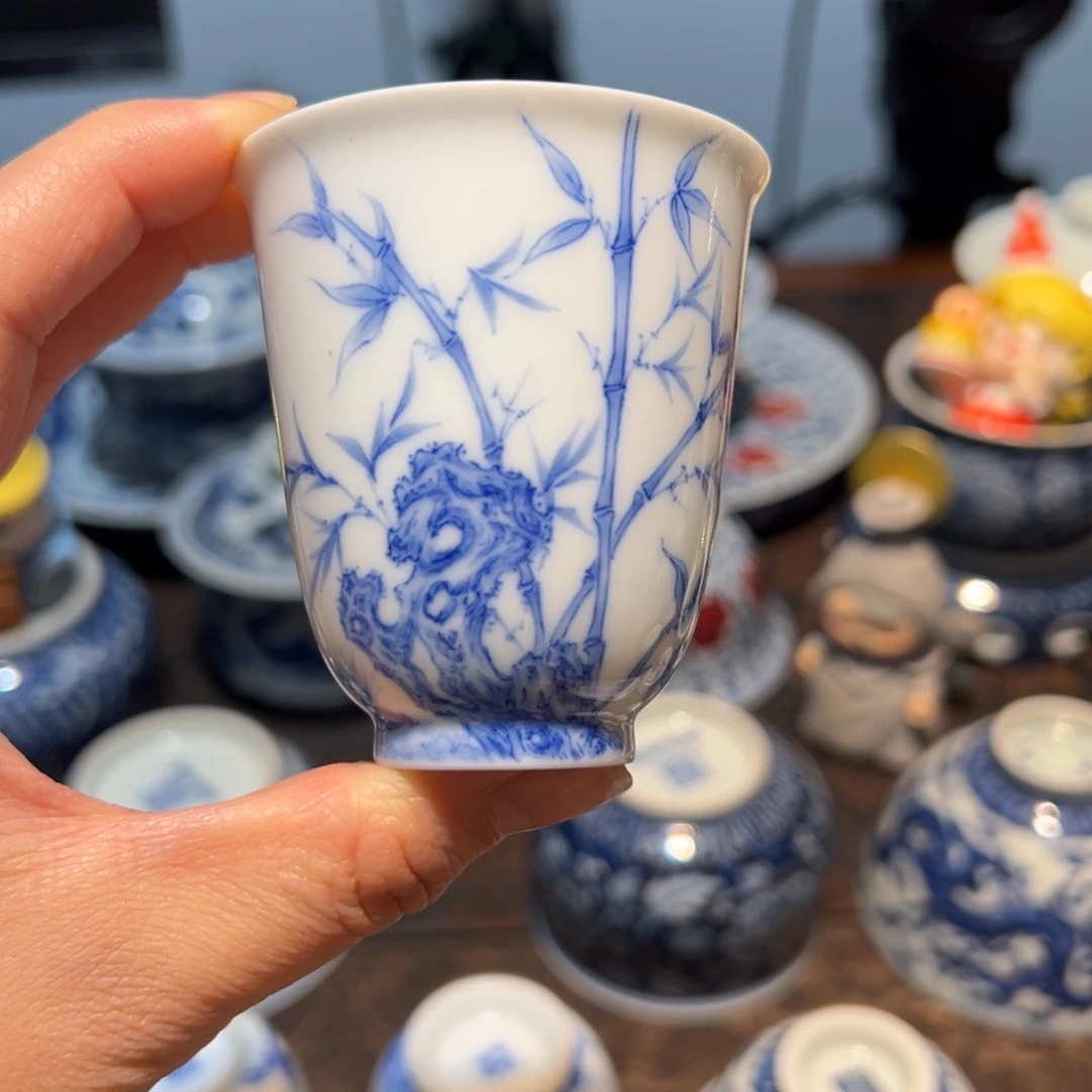 陶青花手绘赋春寻隐竹子茶杯