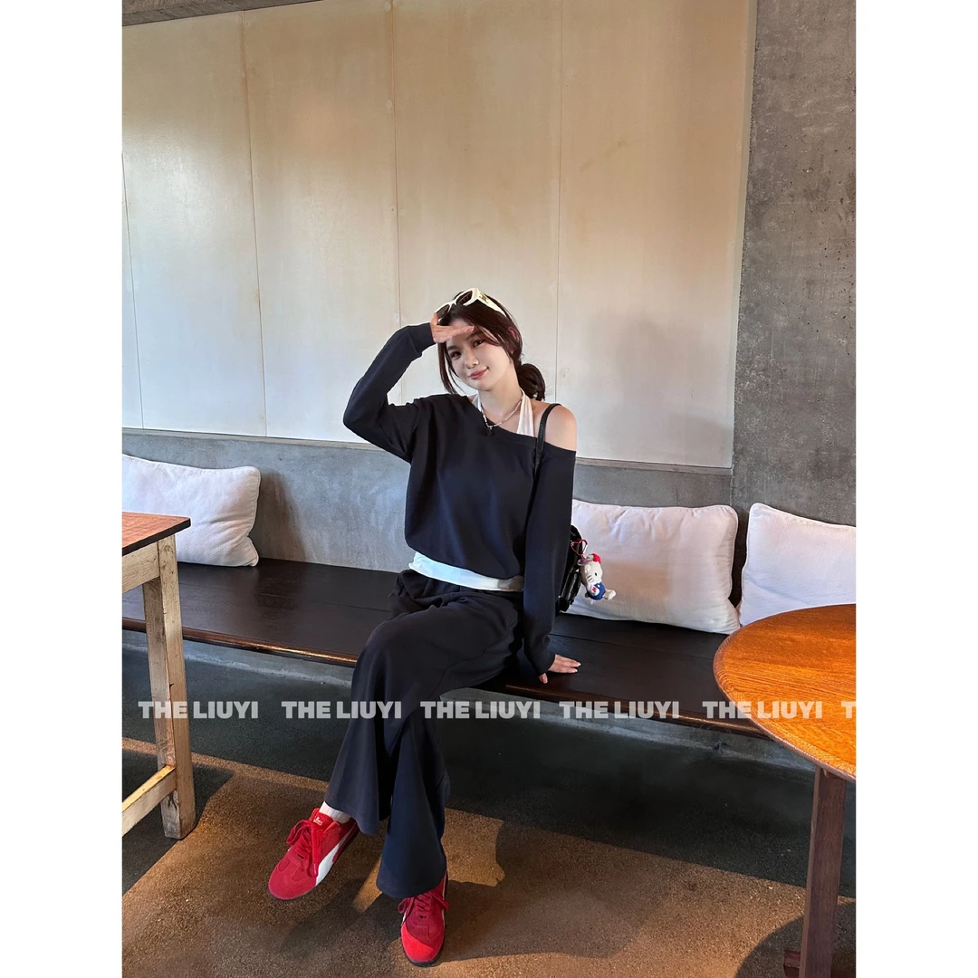 【LIUYI】轻氧套装~春季松弛感斜肩挂脖卫衣➕显瘦直筒卫裤52103