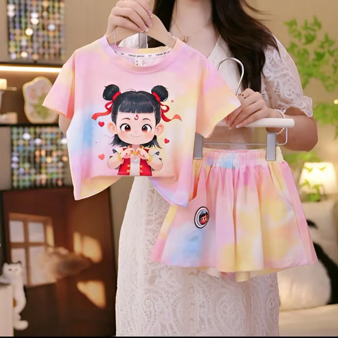 洋气爆款2025新款夏装女童卡通短袖两件套女宝宝夏季哪吒扎染短裤