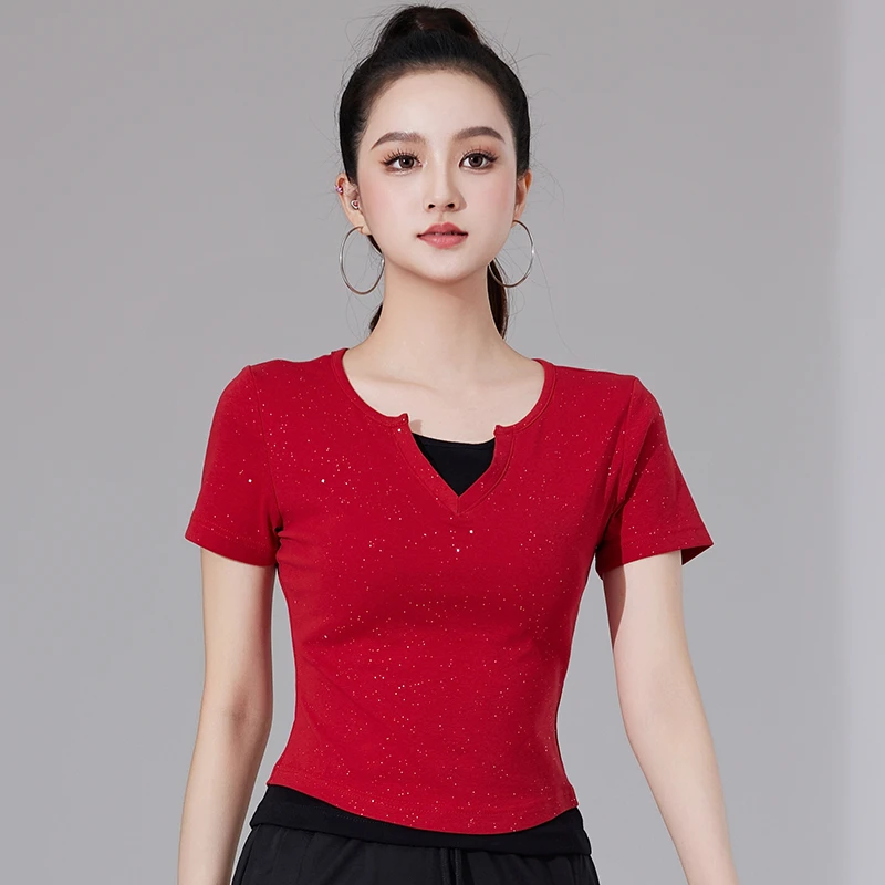 2025夏季时尚洋气广场舞新款运动短袖上衣假两件百搭跳舞衣服T恤