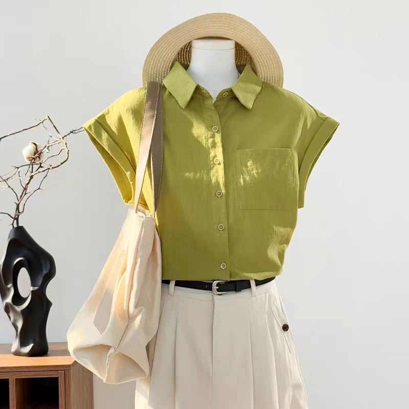 女士夏季纯色通勤百搭雪纺短袖polo领宽松显瘦休闲衬衫