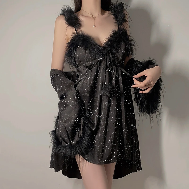 性感吊带套装女夏带胸垫冰丝睡衣性感法式女士睡衣性感内衣