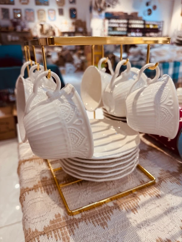 6杯6碟+杯子架纯白陶瓷浮雕咖啡杯马克杯欧式下午茶餐具一整套