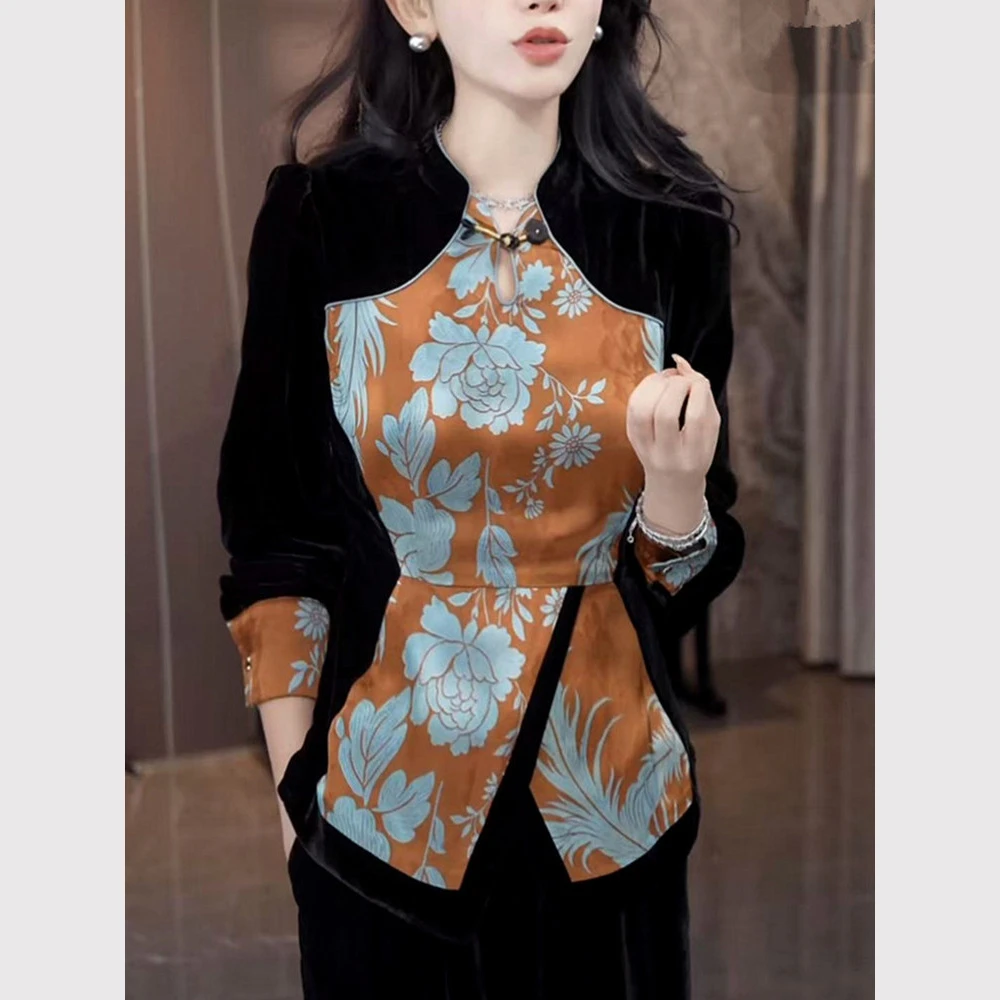 新中式国风改良旗袍拼接丝绒修身衬衫女秋装气质显瘦唐装小衫上衣