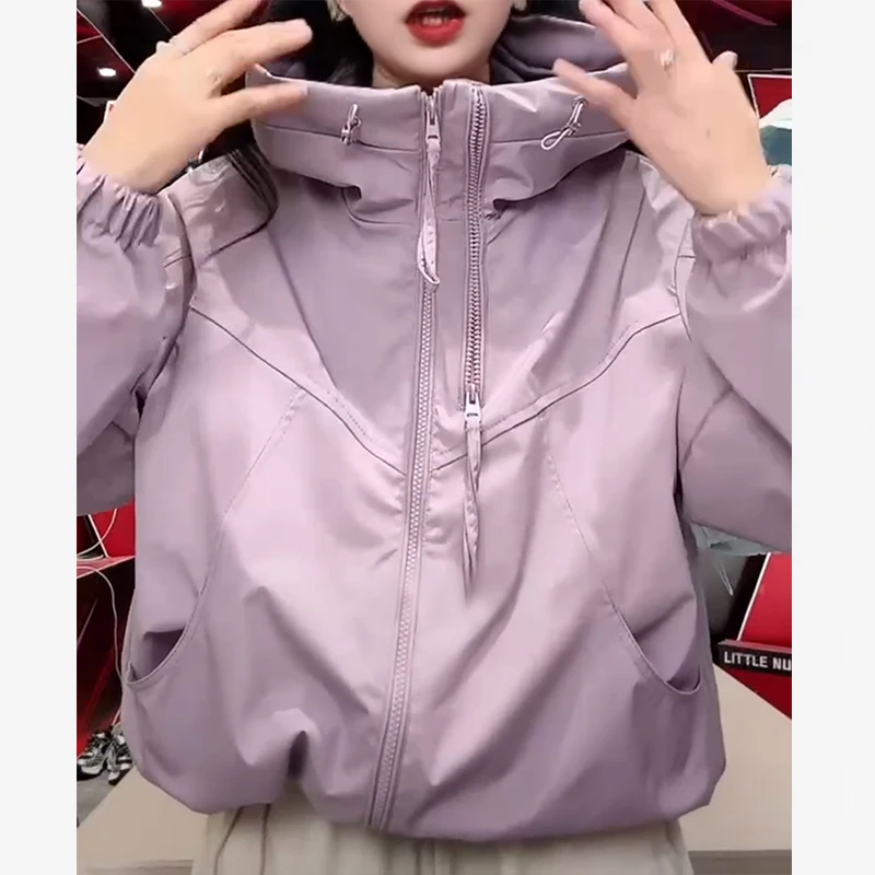 双拉链女款连帽春秋ins纯色短款休闲拼接防风韩版短外套2502AA