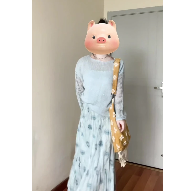 2025秋季新款女法式温柔宽松长袖针织上衣高腰显瘦百搭碎花半身裙