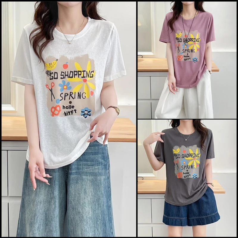 大码女装夏季透气短袖T恤胖mm时尚印花显瘦宽松百搭休闲圆领上衣