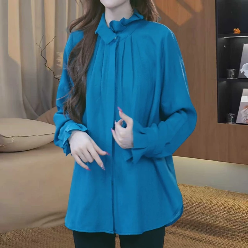 轻奢气质减龄木耳边衬衫女春秋新款时髦高级洋气宽松显瘦polo上衣