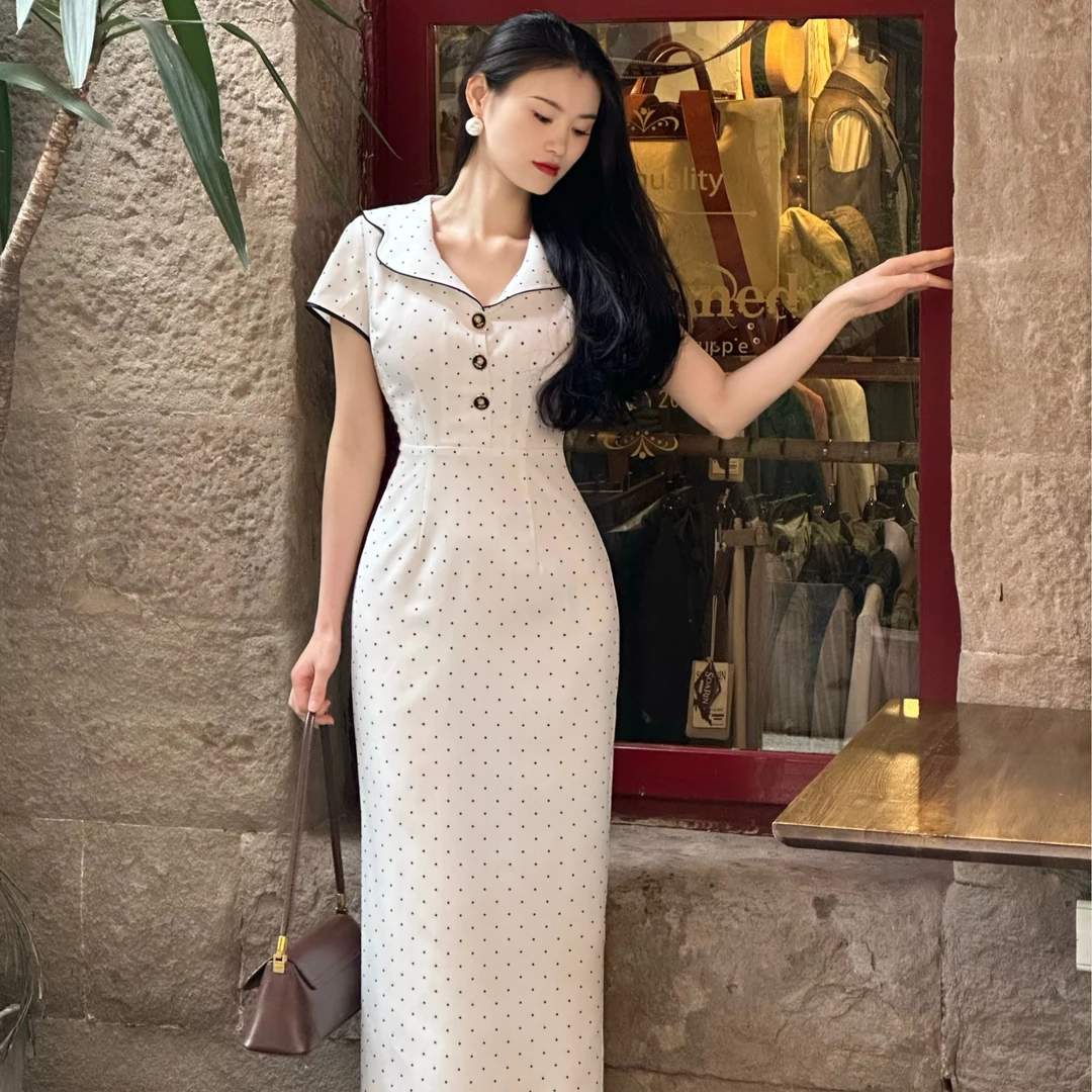 叁屿定制 白素雪～原创设计港风气质植绒波点大翻领短袖修身连衣裙