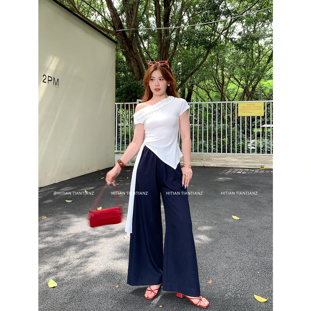 【闭店青苍】 恬恬郑 “海盐汽水”韩系夏斜肩针织木耳边短袖CE3250