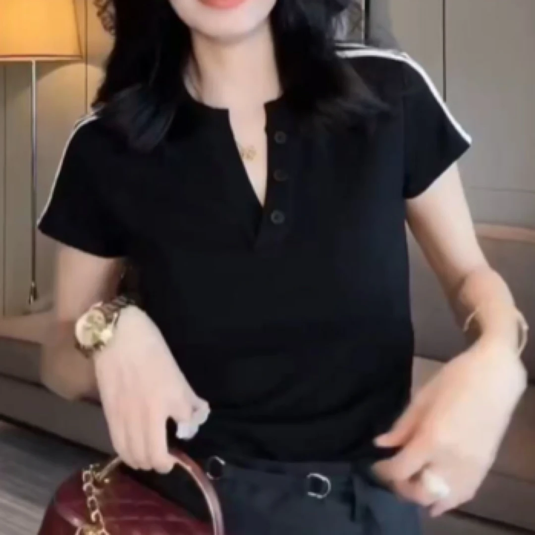 欧货V领短袖T恤气质休闲时尚