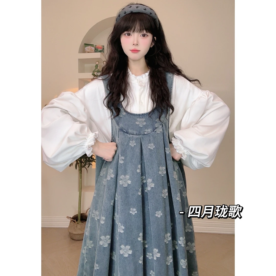 【顾茜茜专属】 无袖牛仔连衣裙女2025春季新款印花背带连衣裙