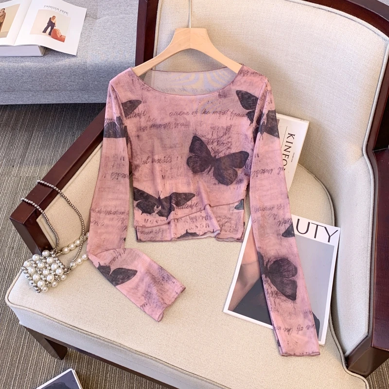 扎染T恤女设计感小众春季打底衫不规则修身网纱薄款长袖上衣