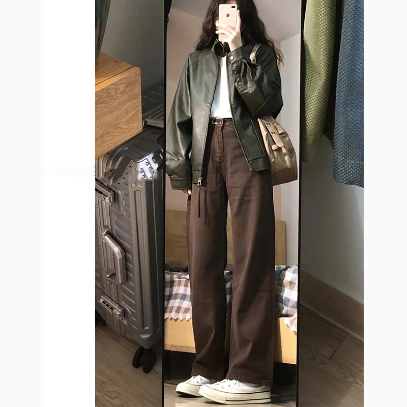 拉夏贝尔复古咖色高腰牛仔裤女秋季美拉德穿搭显瘦宽松拖地阔腿裤