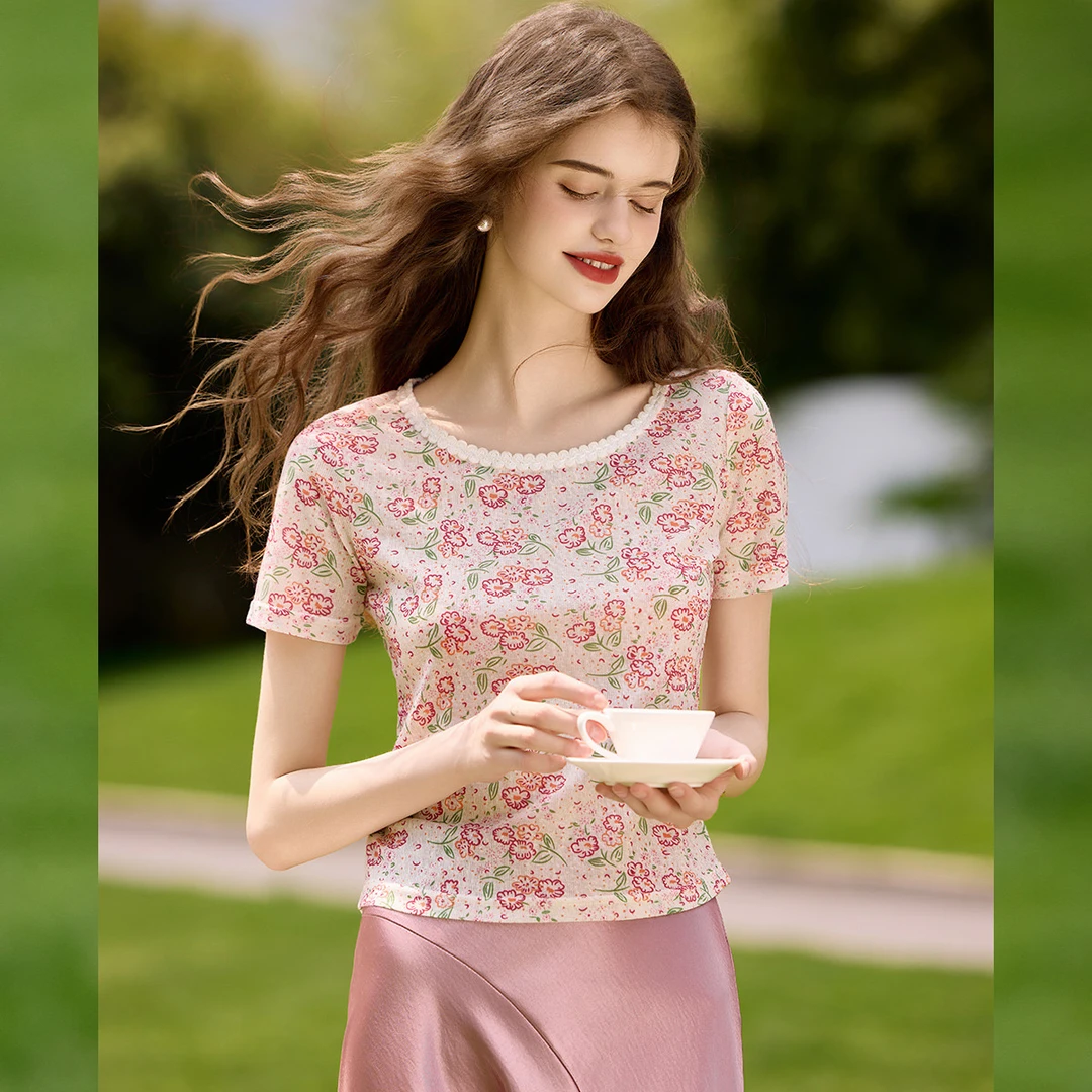 白鹿语【甜美减龄短袖】25夏季新款圆领撞色花边短袖女式T恤YU20459