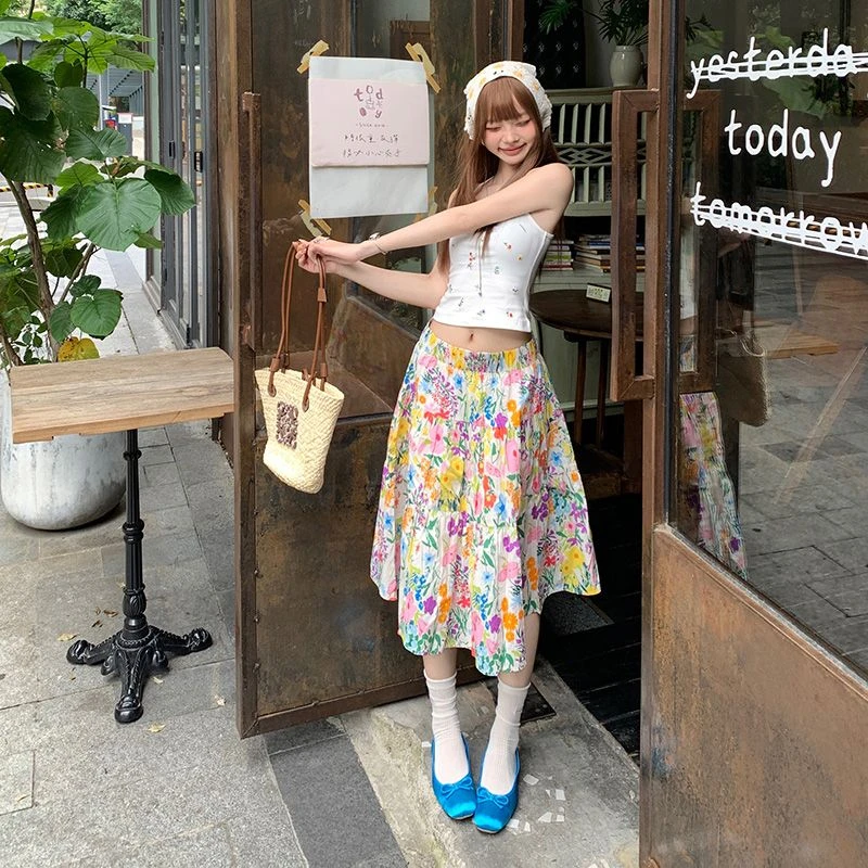REDR复古高腰碎花半身裙百褶a字裙花卉夏季百搭收腰伞裙休闲裙