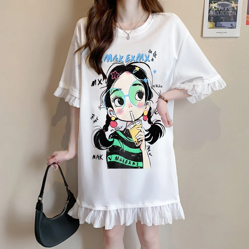 设计感纯棉减龄连衣裙女夏季韩版宽松大码胖mm显瘦卡通短袖T恤裙